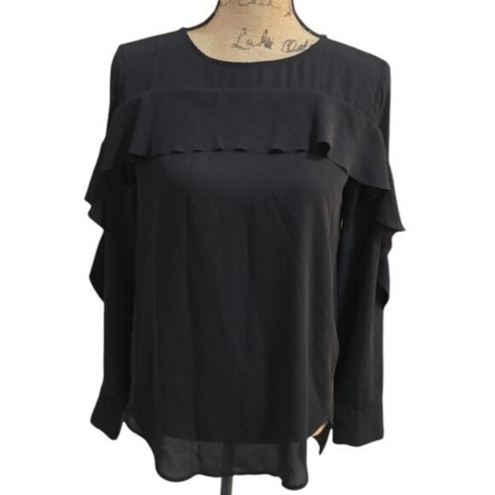 Banana Republic Ruffle Black Button-Up Shirt with Studded Cuffs Size XS